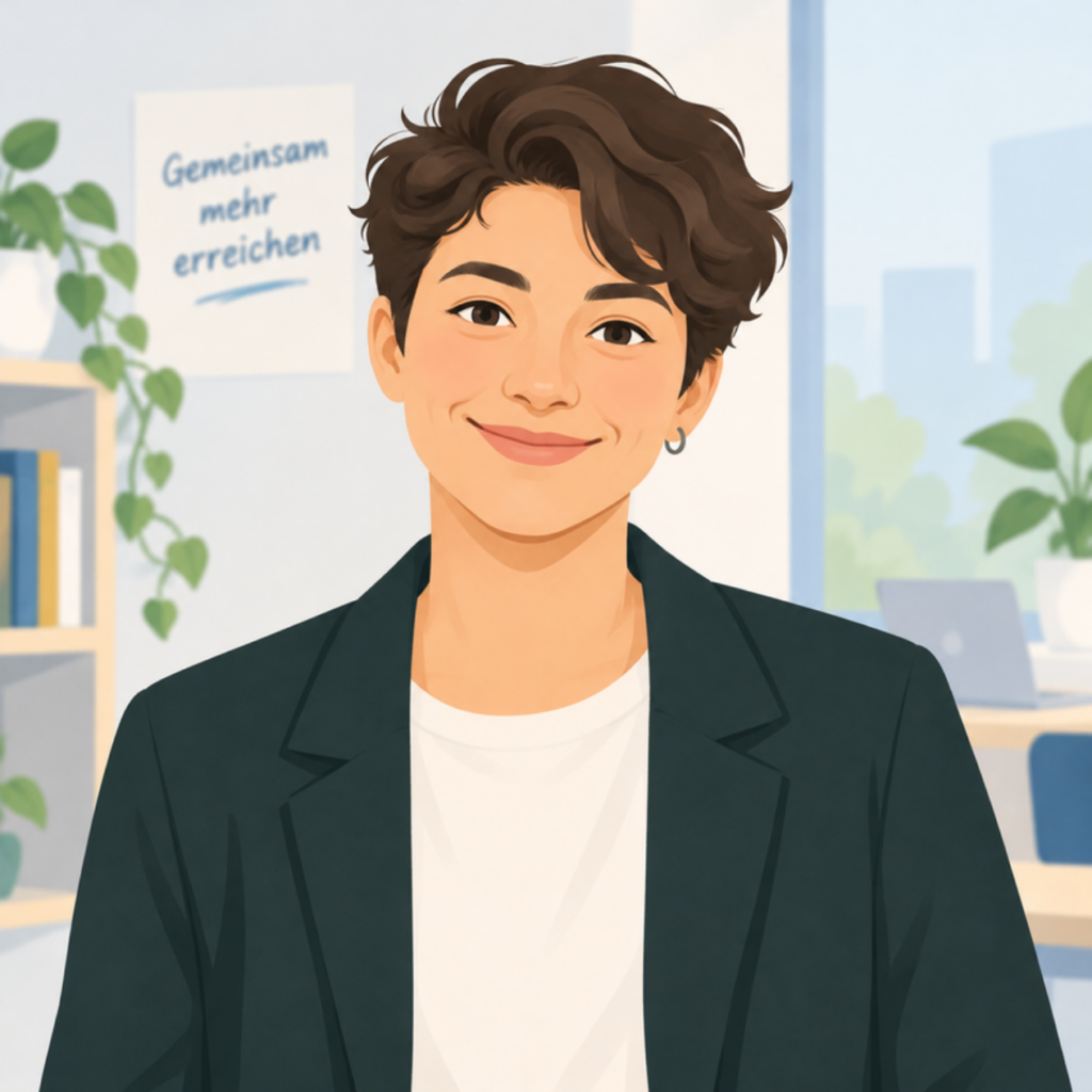 team-skip-04 Ein von Canva-AI illustriertes Portrait einer fiktiven Person mit neutralem Büro-Hintergrund